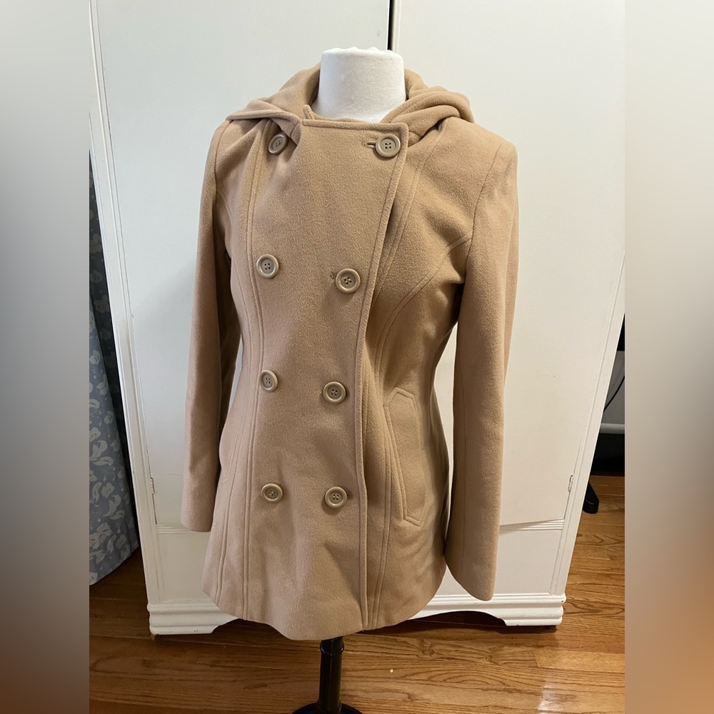 Anne Klein Wool Blend Double-Breasted Hooded Coat | Size Small | Camel Tan